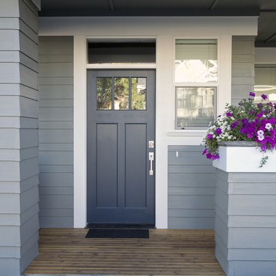 Gray front door of a home