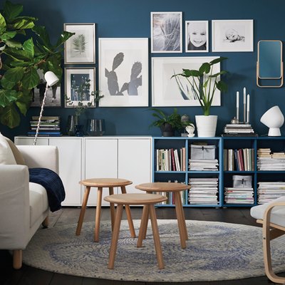 Room display of a wide variety of IKEA furniture products.