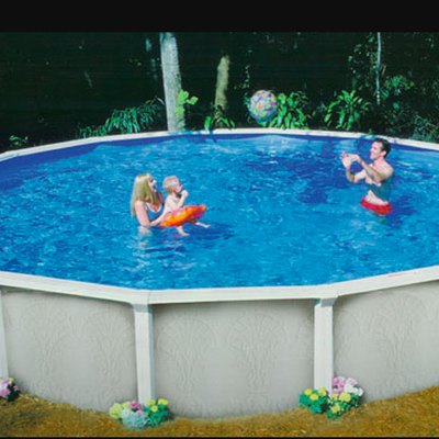 Family enjoying an above-ground swimming pool.