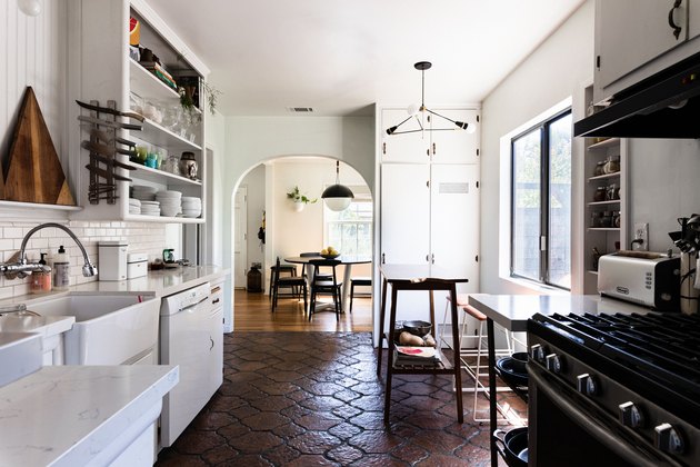 patterned Saltillo tile floor in kitchen