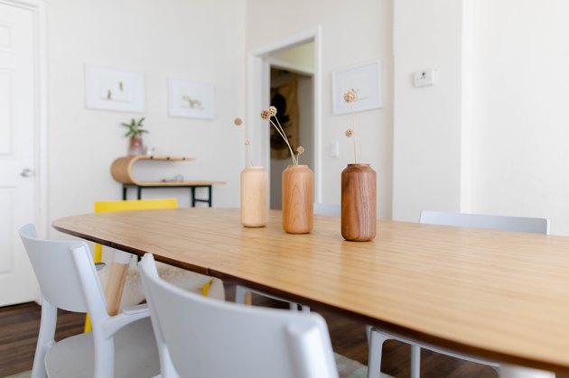 wood dining table, white chairs