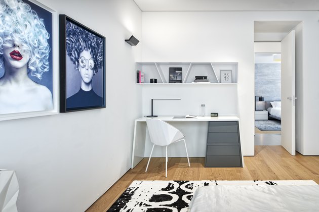 white minimalist room paint colors in bedroom with desk