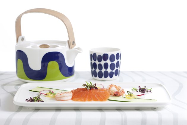 brightly-colored tea pot and cup