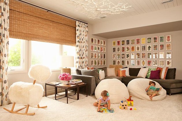 family room wall ideas with gallery wall and bean bag chairs