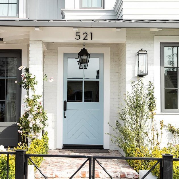 blue farmhouse front door idea with glass inserts