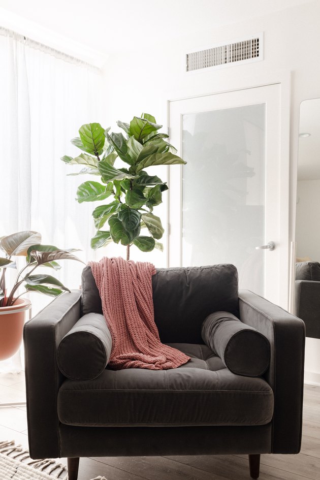 lounge chair with bolsters and tufted seat by window in bedroom