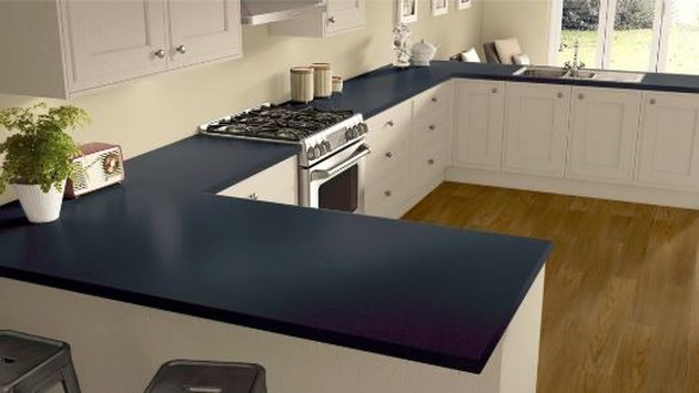 Navy-blue laminate countertop.
