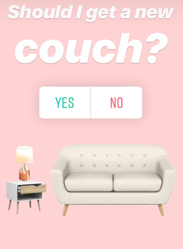 screenshot with text reading should I get a new couch and a side table with lamp and couch