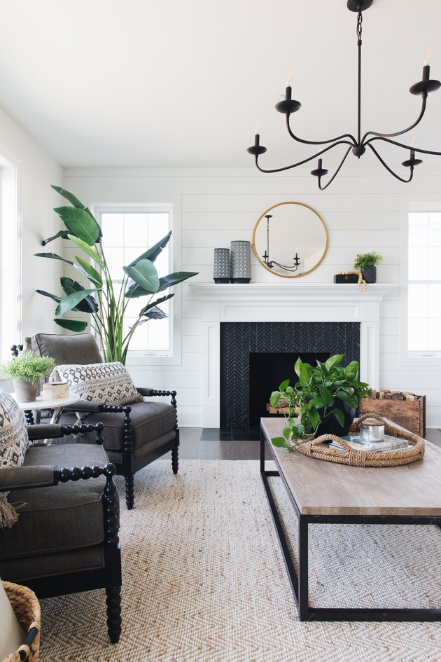 farmhouse living room with iron candelabra chandelier