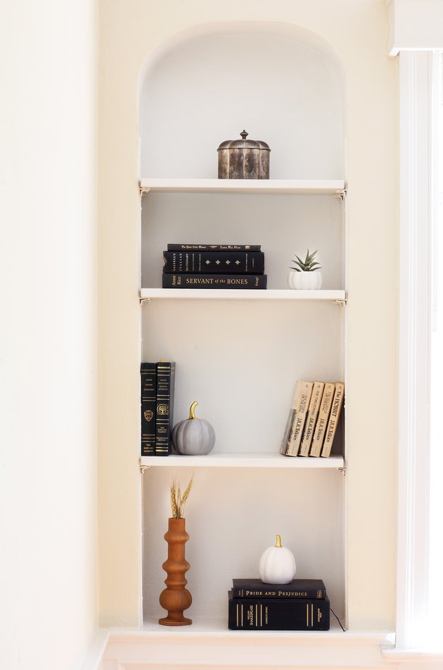 Target Decor: Gray and white pumpkins on bookshelf