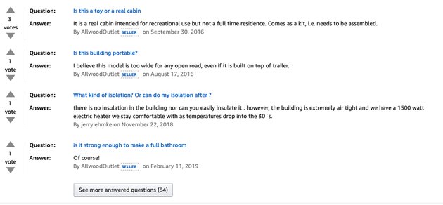 a screenshot of questions on a product page on Amazon