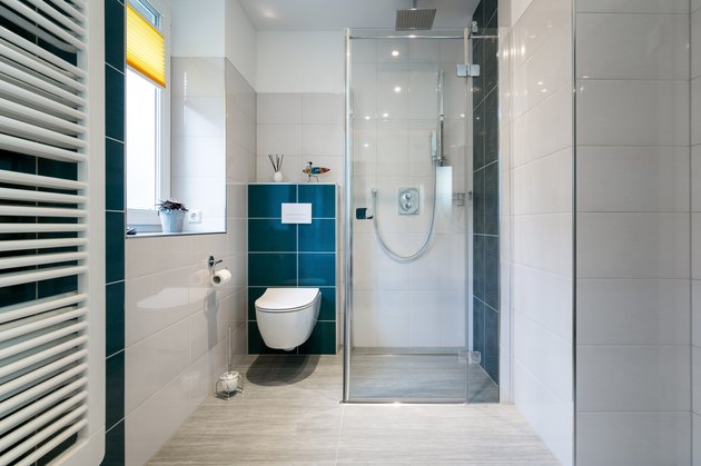 Luxury Bathroom with walk in Glass Shower - Horizontal shot of a luxury bathroom with large, walk-in shower.