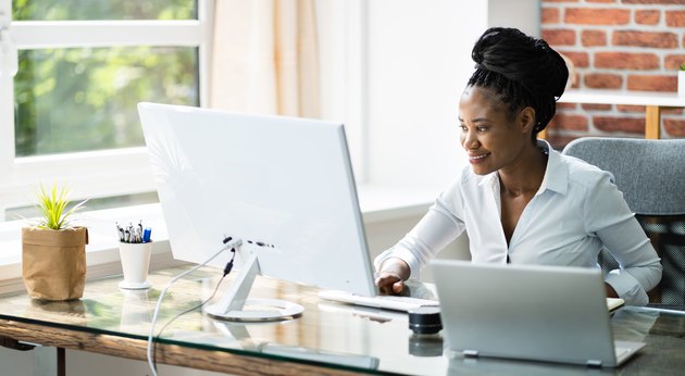 Happy Professional Woman Employee Using Computer