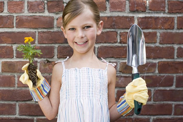 A girl holding a flower and a trowel