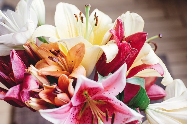 beautiful colorful lily flower bouquet on rustic wooden background. gorgeous bloom lilies on rustic wood backdrop. space for text. greeting card. spring holiday, woman mother day