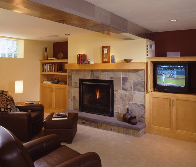 Finished Basement with Stone Fireplace
