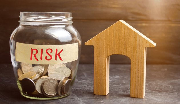 Jar with coins and the word risk and a wooden house. Buying property on credit. The concept of financial risk. Loss of housing for failure to pay. Property insurance. Mortgage and tax. Real estate