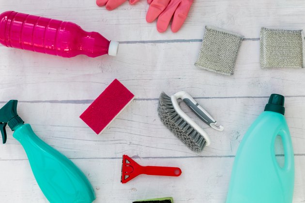 top view collection of cleaning supplies