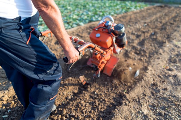 Working man with motor cultivator