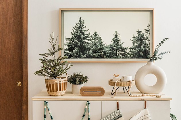 Holiday decorations on cabinet