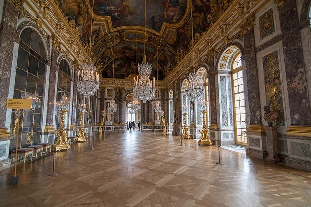 The Hall of Mirrors (Galerie des Glaces) in the Palace of Versailles in Versailles, France