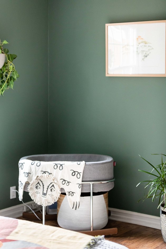 A green-walled minimalist nursery with plants and a gray bassinet