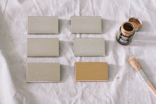 Wood paint sample blocks with paint container and paintbrush