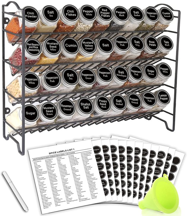 This metal spice rack includes 36 glass bottles, a funnel for easy transfer, and labels to know exactly what's in each jar. This organizer sits nicely on any countertop or flat surface, but you can also wall mount it if you'd prefer.