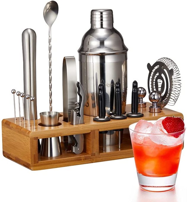 Become the bartender when you score this 19-piece bar accessories kit. Featuring a stunning bamboo stand for all your new tools, this set will look exceptional displayed on your counter or bar cart. 