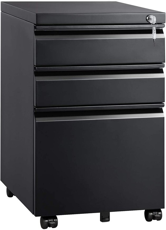 This 3 drawer mobile filing cabinet comes with anti-tipping wheels that lock in place. This filing cabinet is also easy to assemble.