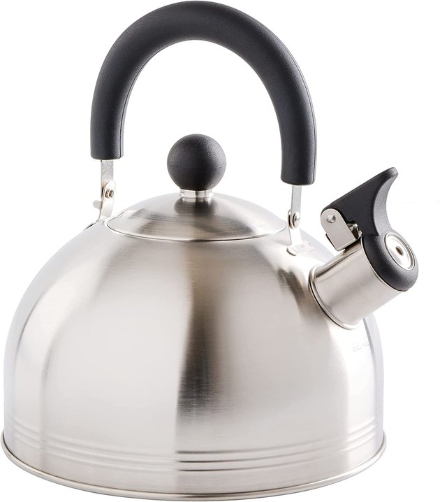 Great for apartments or dorms, this affordable, stainless steel tea kettle has all the standard features of a classic design, including a loud whistle and flip-up spout.