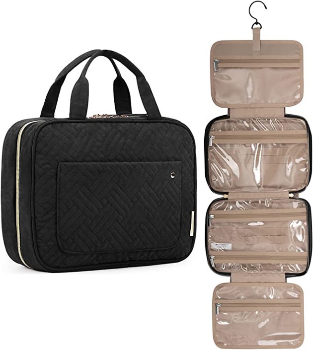 The classic toiletry bag has gotten a major makeover (no pun intended). Say goodbye to digging around in a disorganized travel case thanks to the nifty 360-degree swivel non-slip metal hook. Plus, the transparent pockets will keep everything visible and in its place.