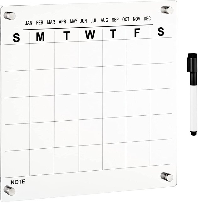 Planning your month has never been more stylish than with this reusable acrylic wall calendar. It has sleek chrome mounting hardware to add subtle pops of color and comes with a dry erase marker. You can get this wall calendar in two sizes — 11.75 by 11.75 inches and 17.75 by 17.75 inches — to accommodate your planning needs.