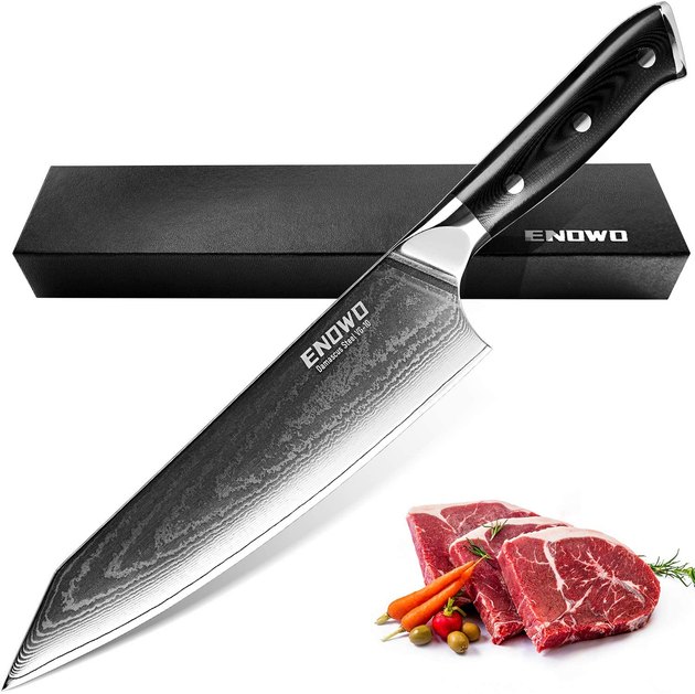 Effortlessly cut meat, vegetables, fish, fruits, and so much more with this cooking necessity. Enowo's 8 Inch Chef Knife features a non-slip handle and ultra-sharp stainless steel blade. This customer favorite also boasts anti-rust properties, an ergonomic grip, a 60-day money back guarantee, and an overall beautiful design.