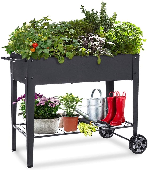 From your plants to your gardening tools, you can keep all the essentials together with this elevated planter box. It can hold approximately 2.5 cubic feet of soil and has a drainage hole at the bottom. It also has a shelf on the bottom, so you can store your watering can and other gardening tools.