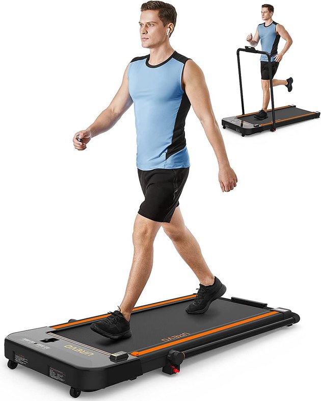 This easy-to-use under-desk treadmill operates at speeds from 3.8 to 7.4 miles per hour.