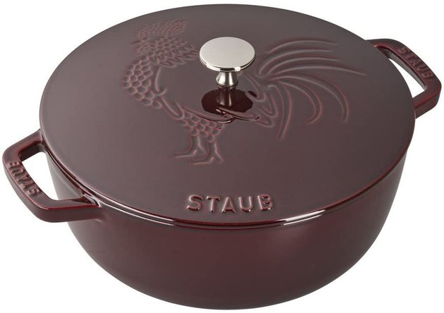 A kitchen accessory and a piece of art all in one? Sign us up. Sold in dark blue, graphite gray, and this rich grenadine color, the iconic cookware brand's 3.75-quart beauty is engraved with a rooster — France's mascot.