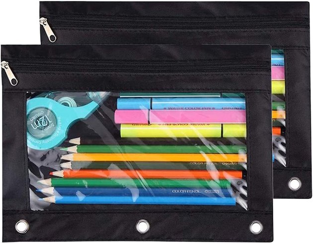 This case features rivet-enforced holes and fits in standard 3-ring binders. There's plenty of room for storing pens, pencils, and markers, and it has a smooth glide metal zipper. It also has a clear window, so you can see all of your supplies with a quick glance.


