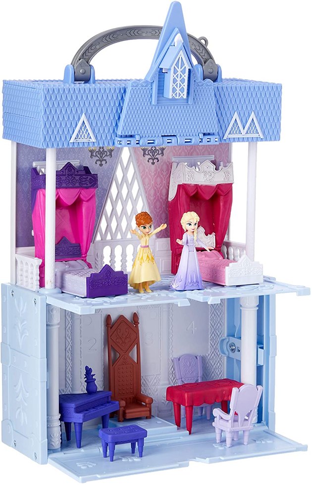Let your child’s imagination run wild with this pop-up Frozen 2-inspired playset. Complete with Anna and Elsa dolls and seven accessories, it has two magical floors that package nicely into a carrying case with a handle.