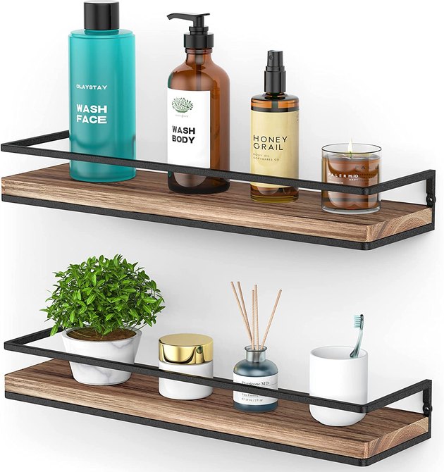 These rustic wood floating shelves will instantly upgrade a bathroom, kitchen, or entryway. Combining solid wood and powder-coated metal, they feature an eye-catching mix of color and texture.