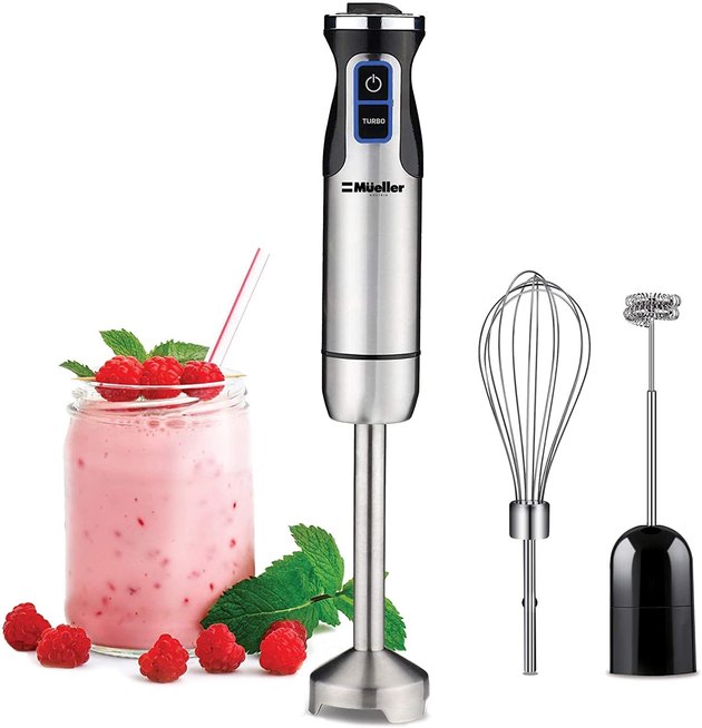 Not only is the stainless steel Mueller Austria Ultra-Stick Immersion Blender affordable, but it’s also packed with a 500 watt, full copper motor and nine speeds. With a comfortable grip and S-shaped blades, you can make everything from milkshakes to baby food. Plus, it comes with a whisk and milk frother.