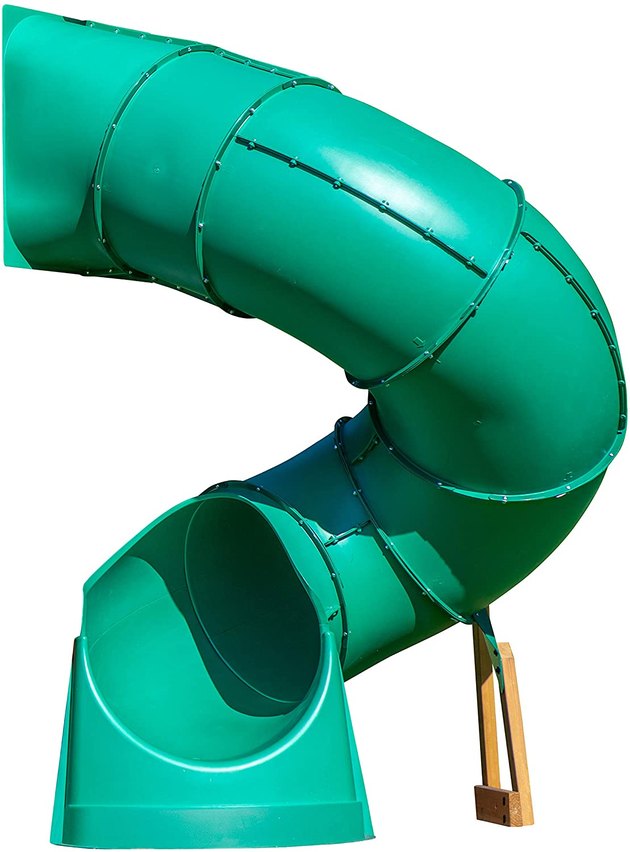 A green twist-y tube slide that can accommodate up to 250 pounds. 