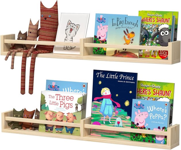 These natural wood floating shelves hold picture books, vinyl, and even craft supplies perfectly. Consider using them to upgrade a nursery, kids' room, or kitchen.