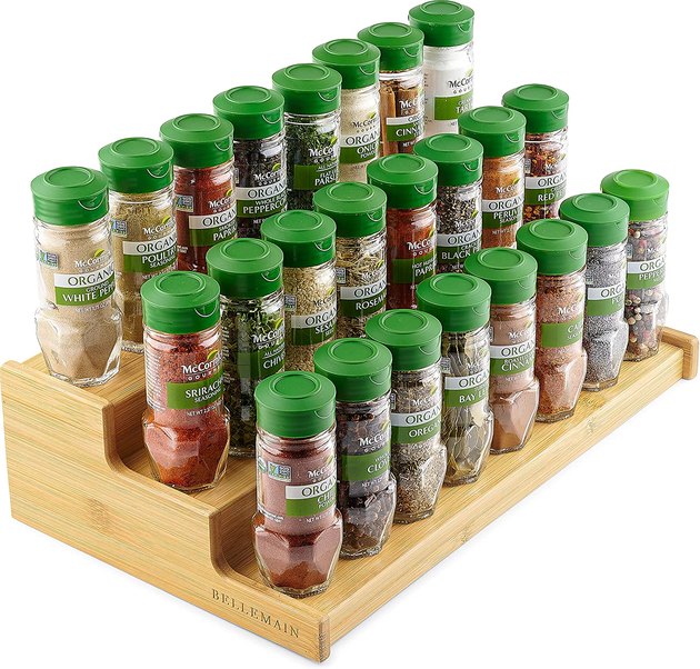 A tiered spice organizer never fails. Display 20 or more regular-sized spice bottles on this durable and sustainable bamboo rack. It also has a 10-year warranty and rings up at a very happy price point.