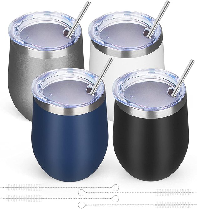 Roadie sodie, anyone? Easily bring your beverage on the go with this super affordable set of four wine tumblers. They're the perfect accompaniment for a camping trip or beach day with their double-wall vacuum insulation, food-grade stainless steel body, and easy-sip lid.