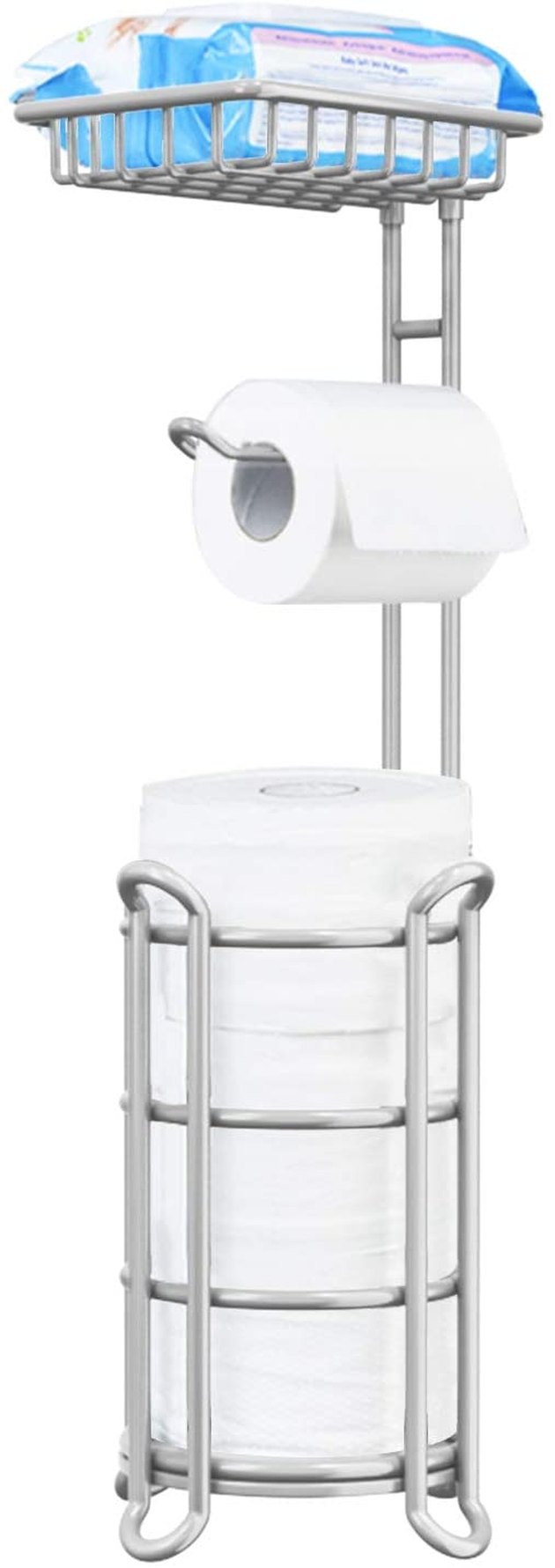 Have extra toilet paper within reach with this freestanding toilet paper holder. It has a dispenser, room for extra toilet paper rolls, and an extra compartment on top for any other bathroom essentials.
