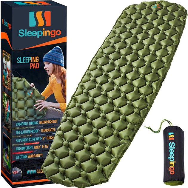 If your goal is to pack light during your travels or camping trips, this is the mattress for you. It's made from puncture-resistant and waterproof material and weighs less than one pound. When you up this mattress, it's only two inches thick, and when it's deflated, it can be rolled down to the size of a thin water bottle. It also has a lifetime warranty and a handy storage bag.