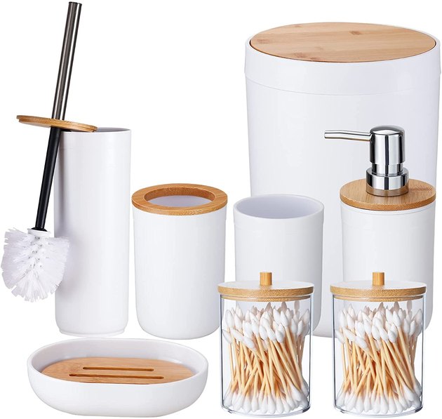 This set includes a toothbrush holder, toothbrush cup, soap dispenser, soap dish, toilet brush holder, and trash can — almost everything you need to get your bathroom organized and clean.