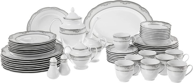 This delicately patterned porcelain set is literally what dreams are made of. It serves eight and includes serving plates and salt and pepper shakers as a bonus. The gorgeous set is fine enough for formal dining yet durable enough for daily casual use. 