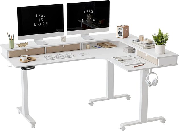 Have office space to spare? Go big with an L-shaped standing desk. This one includes plenty of storage and workspace, plus a powerful electric lift system with customizable preset options.